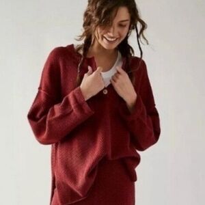 Free People Beach Hailee Waffle Knit Henley Pullover In Mulberry XS